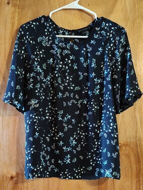 Banana Republic Factory Womens Floral Blouse Navy Bell Sleeve Turquoise Mint Sm
